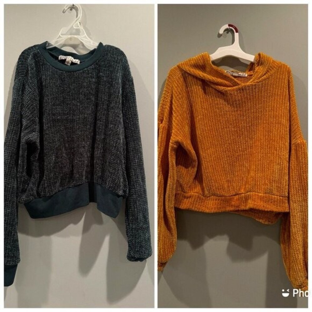 Gypsies and Moondust Green & Yellow Knit Crop Sweater Hoodie Set Juniors Medium